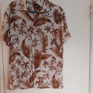 Express Men's Tan and Brown Leaf Print Shirt